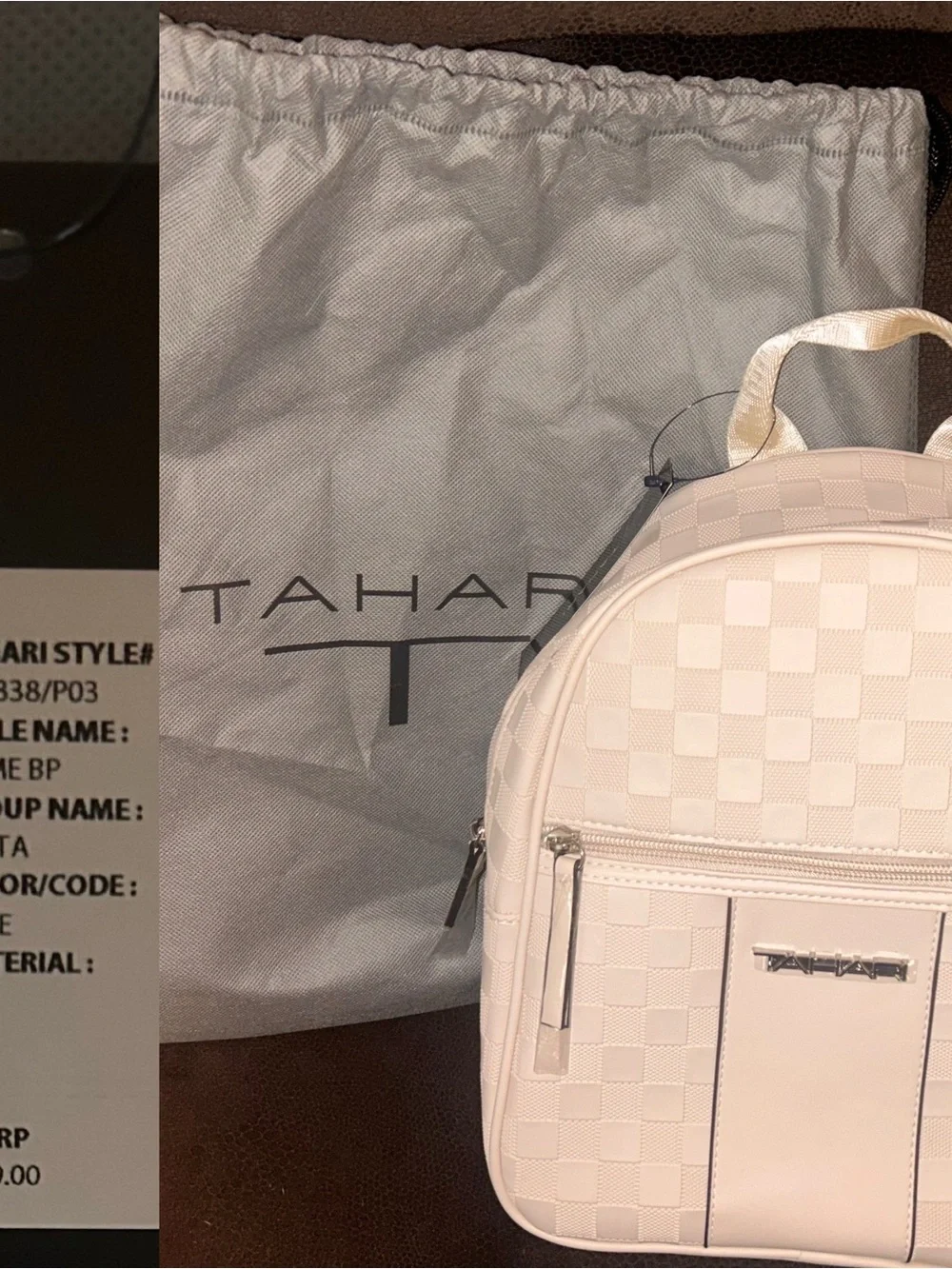 Tahari Cream Checkered Mini Backpack with Front Zip Pocket
